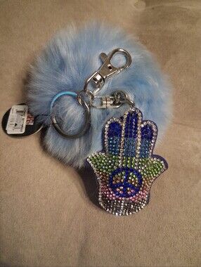 Blue Faux Fur Pom-Pom Keychain with Rhinestone Hamsa Charm NWT